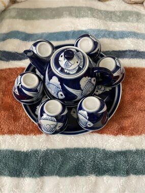 Vintage 1970’s Blue Ceramic Fish Tea Set